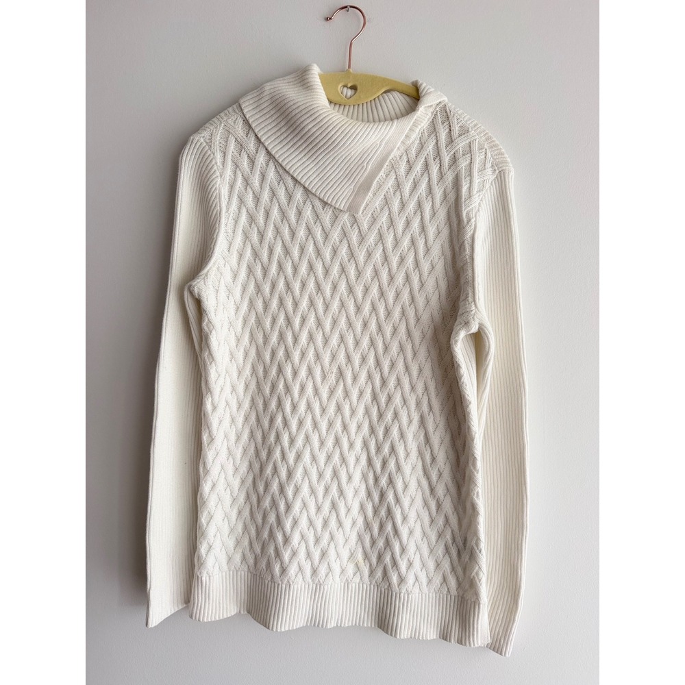 Lands End Womens White Cotton Diamond Cable Knit Split Turtleneck Sweater SM